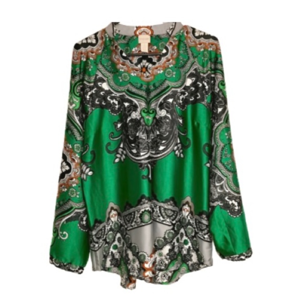 Chico’s Women’s Paisley Peasant Green/Black/Gray Top Size 8/10 High Collar - Picture 2 of 6